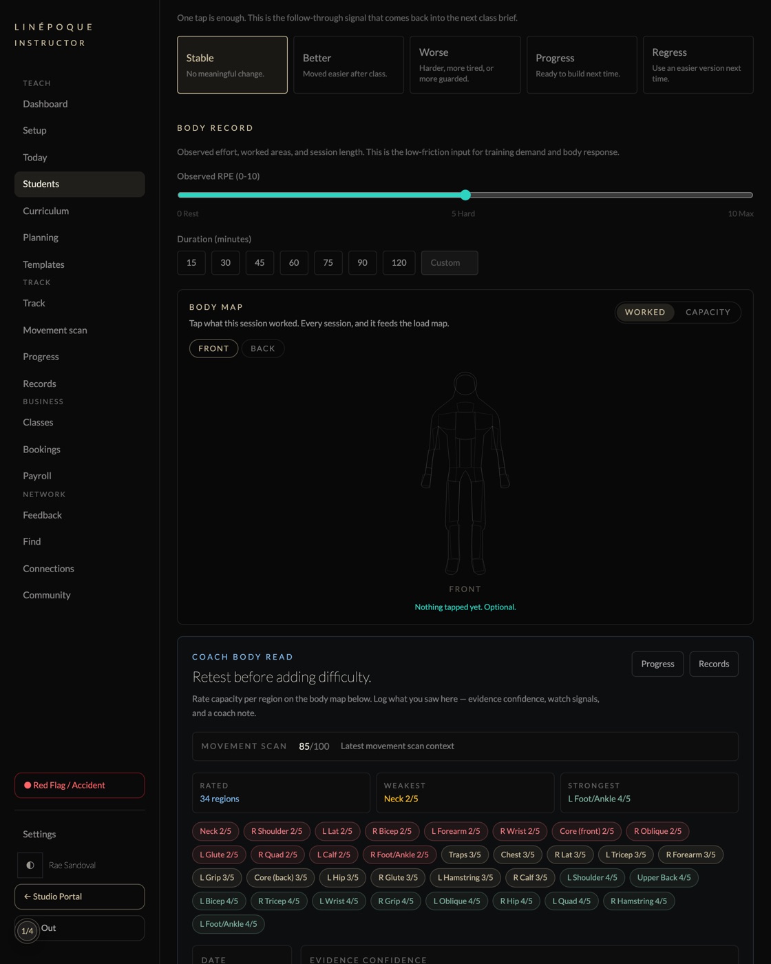 Body record with an effort slider, a body map and thirty-four rated regions