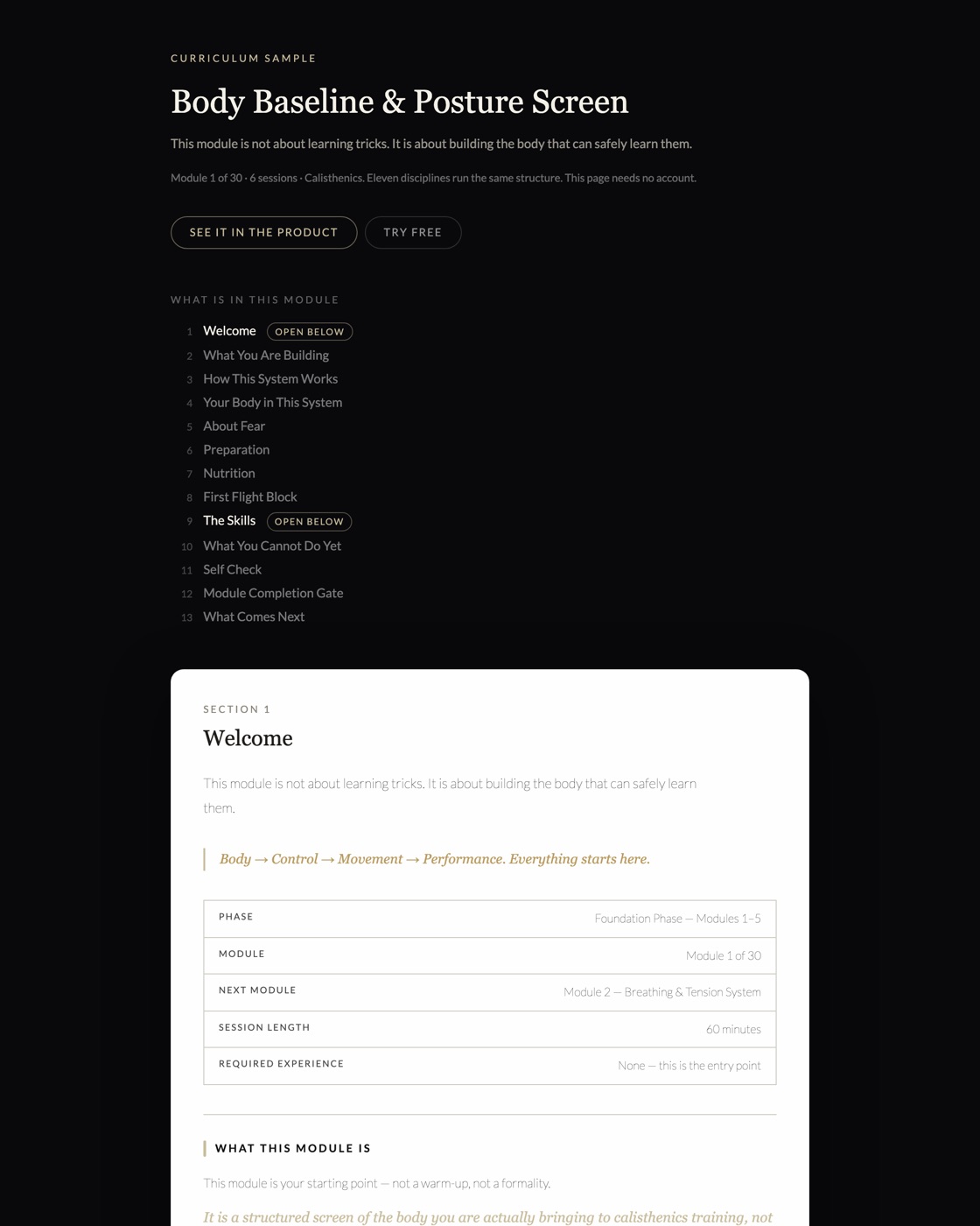 Public curriculum sample showing a module section list and an opened section