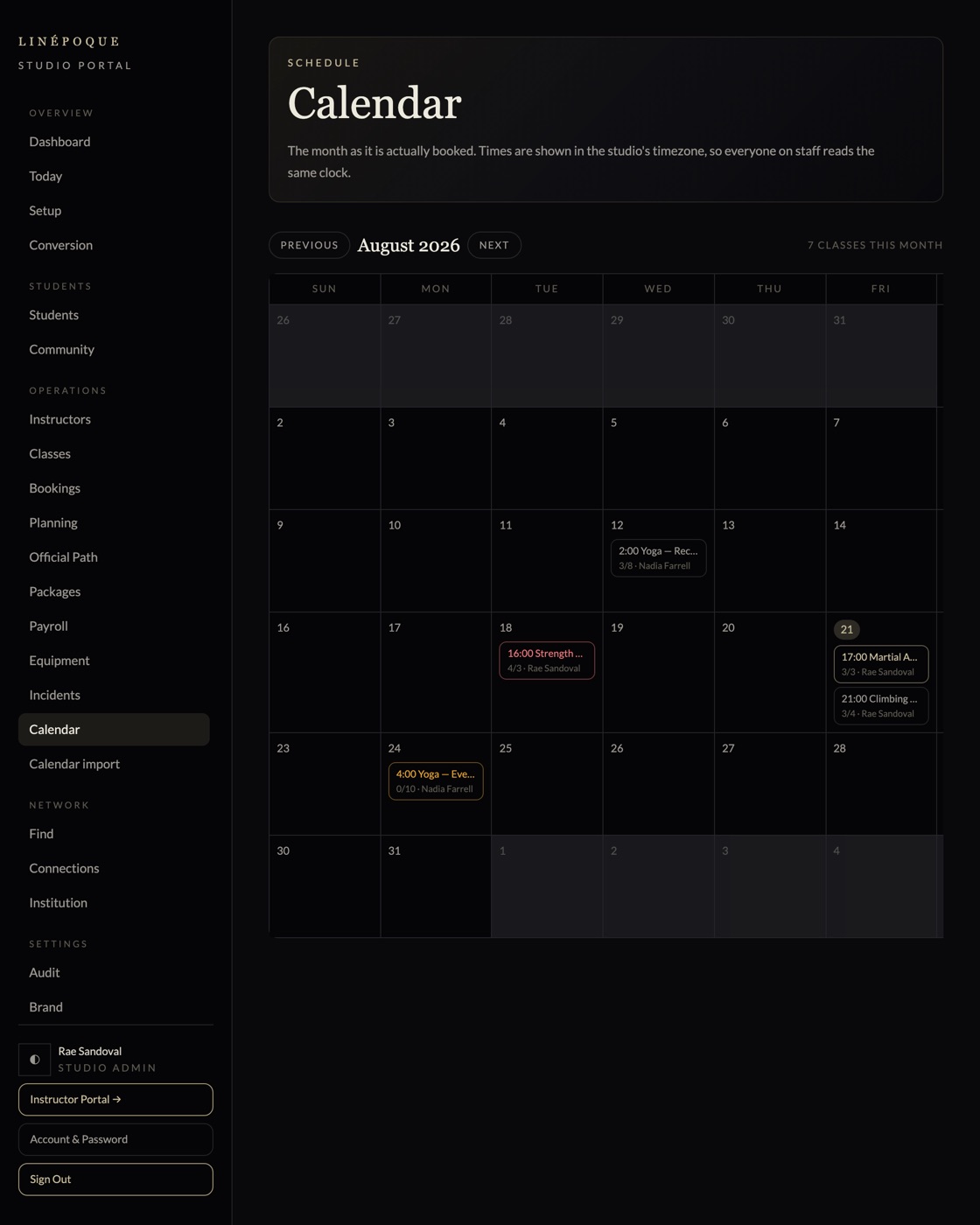 Month calendar with classes coloured by how full each one is